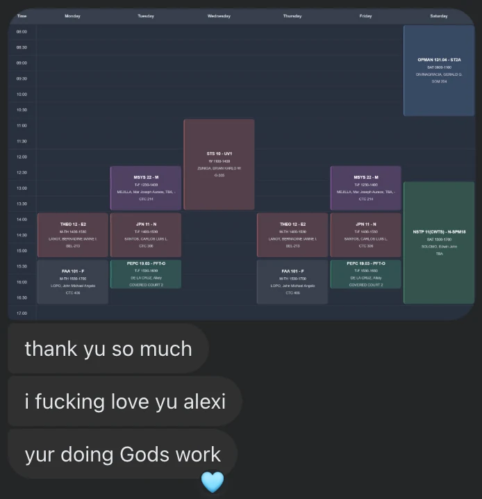 A message thanking Alexi for the schedule maker.