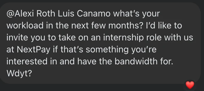 A NextPay internship invitation message.
