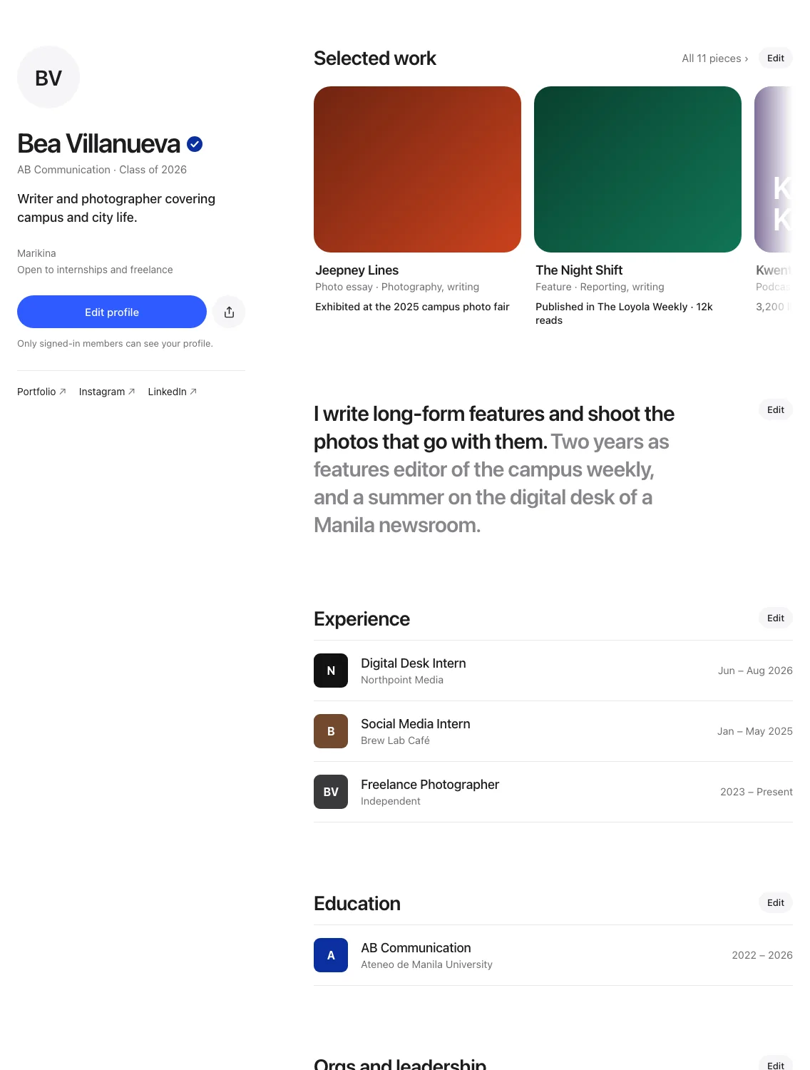 A Bluefolio profile