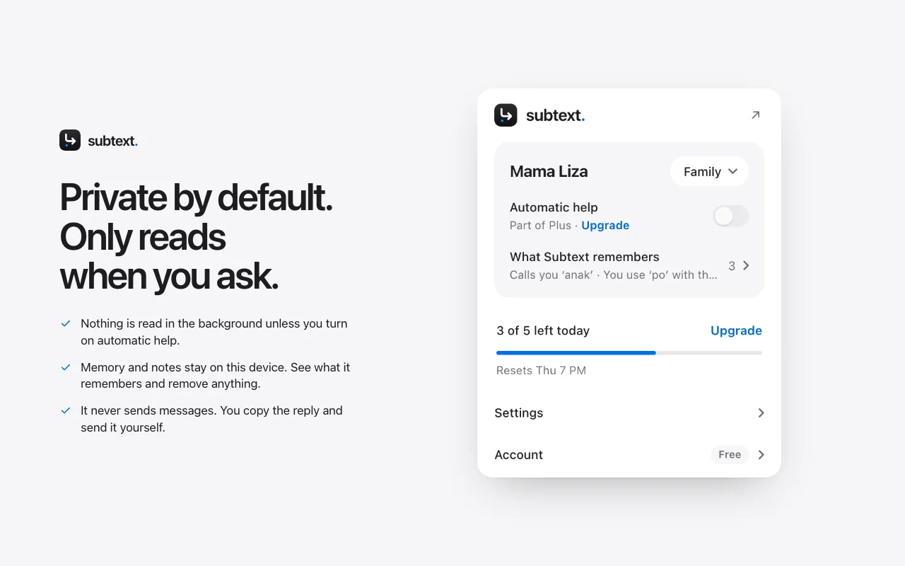 The Subtext popup with privacy controls